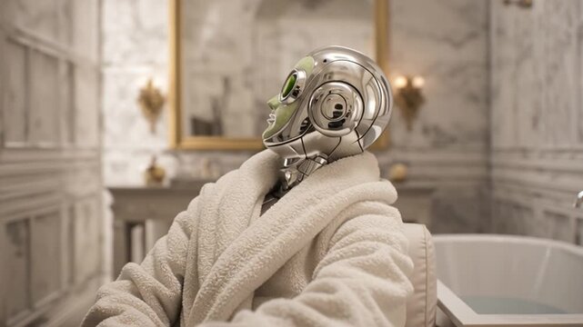 Robot sits in a spa with cucumber slices on its eyes in a modern setting with marble walls and bright lighting
