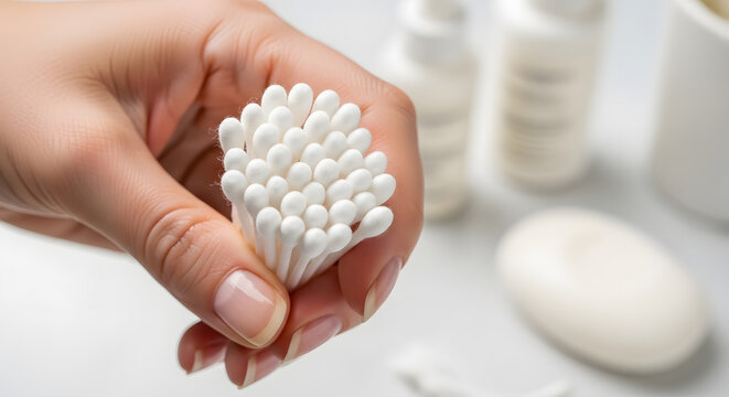 A hand holding a set of white cotton swabs on a clean surface, a close-up shot with fine details, natural lighting. AI generated image