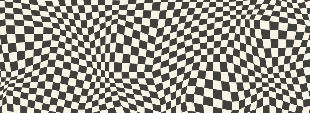 Trippy checkerboard background. Retro psychedelic checkered wallpaper. Wavy groovy chessboard surface. Distorted geometric pattern. Abstract monochrome vector backdrop