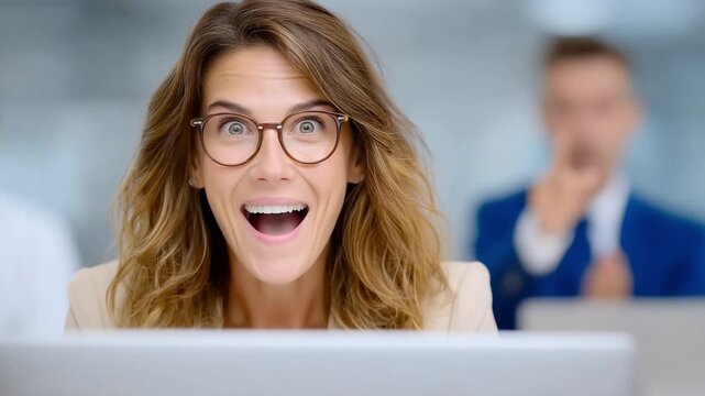 Enthusiastic Woman in Office: A captivating portrait of an office professional exudes pure excitement, her eyes wide with joy, in a modern office environment. 