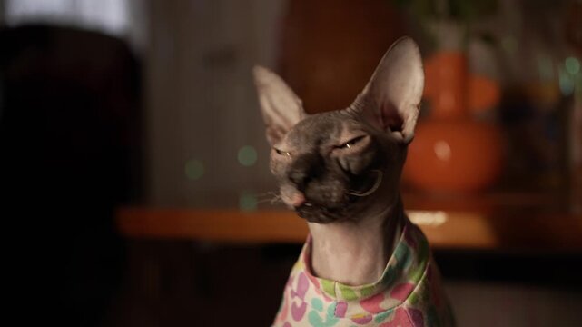 Curious sphynx cat dressed in a colorful shirt sitting inside a home, attentively observing its surroundings with its large green eyes and moving its head in different directions