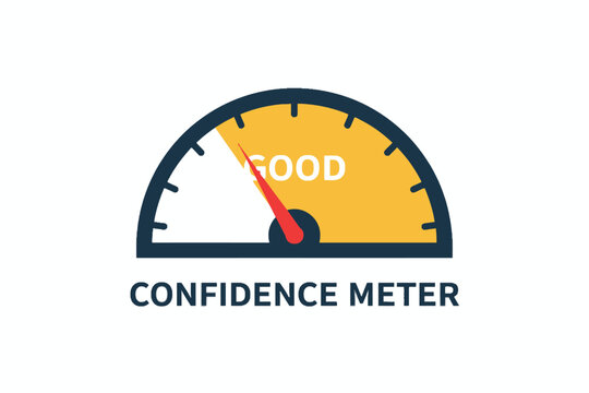 Confidence meter gauge pointing to good level on white background
