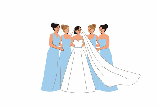 Bride with bridesmaid standing together on white vector illustration