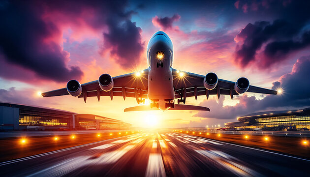 Massive airliner flying from runway at dramatic sunset. Four-engine wide-body aircraft