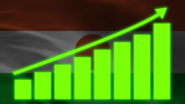 Financial Growth & Progress: An abstract illustration representing economic advancements, with ascending bar graph and an upward-pointing arrow against the backdrop of a flag.