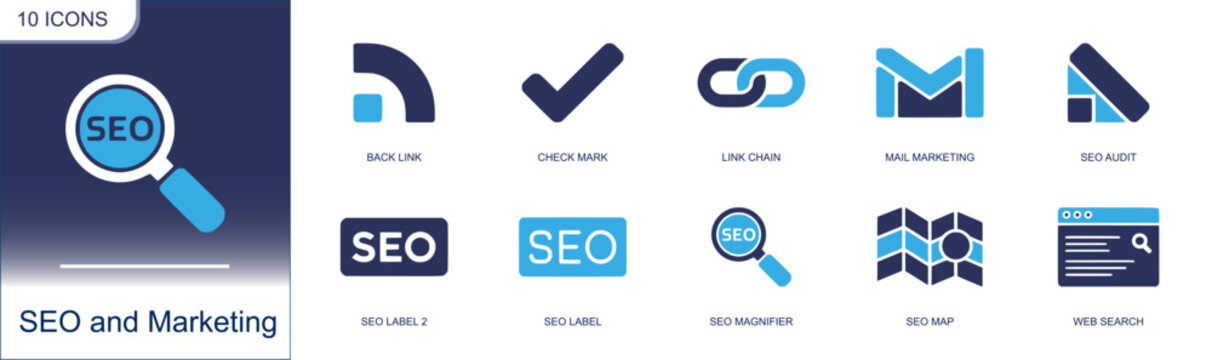 SEO and marketing icon set. Containing back link, check mark, link chain, mail marketing, SEO audit, SEO label, SEO magnifier, SEO map, web search and more. Solid fill vector icons.