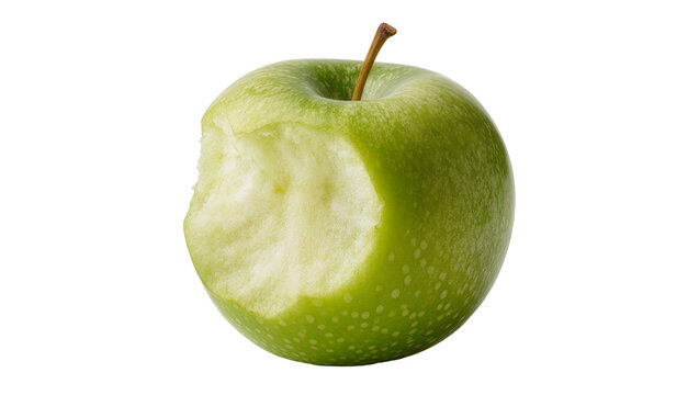 Green apple with bite mark and brown stem