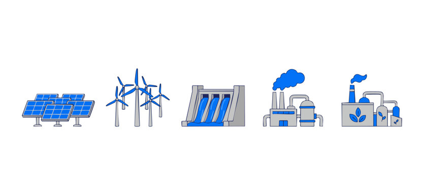 Renewable Energy Icons Set for Sustainable Industry Development and Green Power Infrastructure Solutions, flat vector illustration showing solar panels wind turbines hydroelectric dam and factory plan