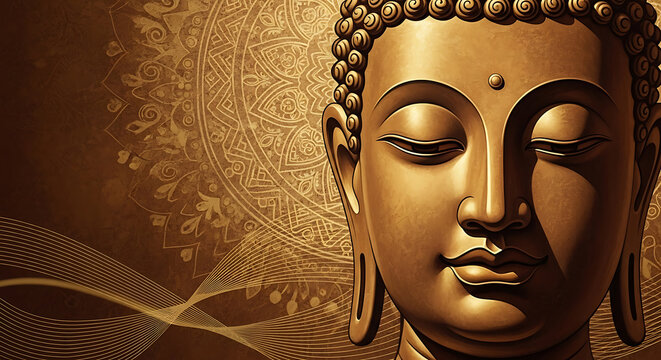 buddha head portrait with ornate mandala background in warm golden tones