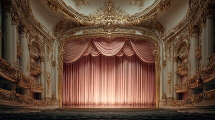Obraz premium High-end theatre interior stage, closed curtains, gold ornamentation, dramatic yet elegant, empty scene, 8k realism