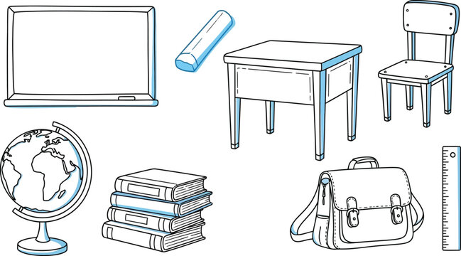 School supplies sketch collection classroom essentials in black and white