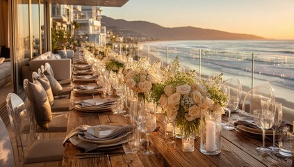 Fototapeta premium Elegant outdoor dining table set for a celebration overlooking the ocean at sunset with soft golden light illuminating white floral centerpieces and clear glassware on a rustic wooden table