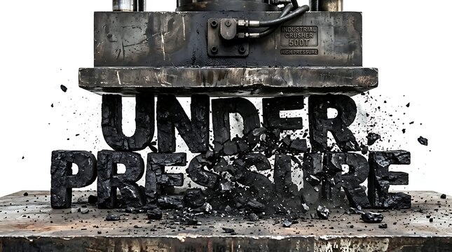 Crushing Under Pressure: A bold visual representing the crushing weight of pressure. An industrial press descends upon the words UNDER PRESSURE, causing them to crumble under the immense force.