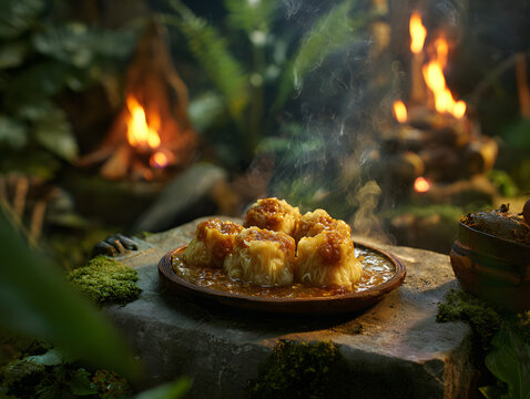 Siomay Bandung Indonesian Steamed Dumplings with Peanut Sauce in Rustic Outdoor Setting