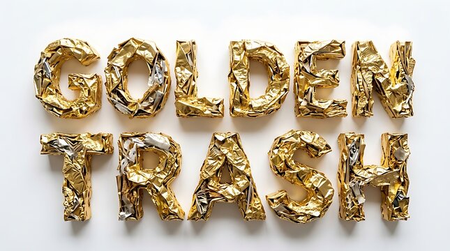 Golden Trash Typography: A striking typographic composition spells out 'GOLDEN TRASH' in dazzling gold, symbolizing the paradoxical beauty found in discarded materials.