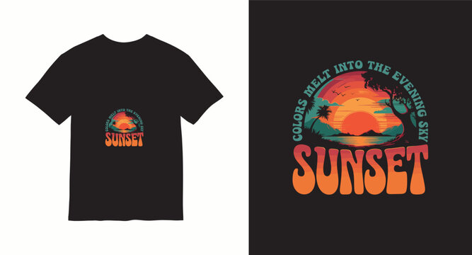 Colors melt into evening sky, sunset t-shirt design with vibrant landscape and trees, summer retro apparel.