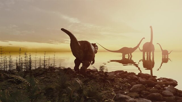 4k 3d animation of a Tyrannosaurus Rex roars from a rocky shore toward a herd of Brachiosaurus wading in a calm, golden lake under a hazy prehistoric sunset
