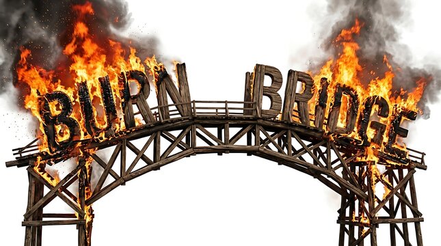 Burning Bridges: A visual metaphor of burning bridges, conveying themes of finality, destruction, and irreversible decisions, captured through dramatic imagery of fire engulfing a bridge structure.