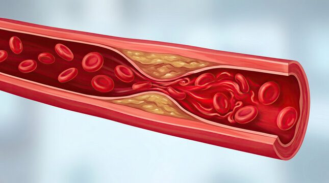 Blocked blood vessel artery poor circulation risks heart health concept. An illustration of blood flow in a narrowed blood vessel.