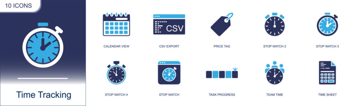 Time tracking icon set. Containing calendar view, CSV export, price tag, stop watch, task progress, team time, time sheet, schedule, deadline, productivity and more. Solid fill vector icons.