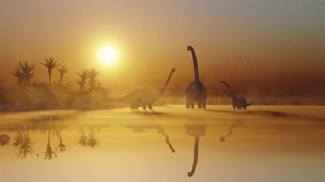 4k 3d animation of a two tyrannosaurs stand near a misty lake, while a small brachiosaurus herd drinks in the distance, all beneath an orange sky with pterosaurs flying