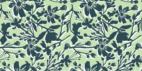 Fototapeta premium Navy Blue Floral Seamless Pattern on Mint Green for Modern Botanical Fashion and Elegant Home Decor Surface Design