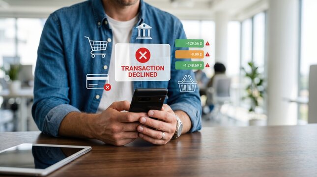 Man holding smartphone with transaction declined notification, credit card error message and shopping cart icons illustrating failed online payment or financial issue.