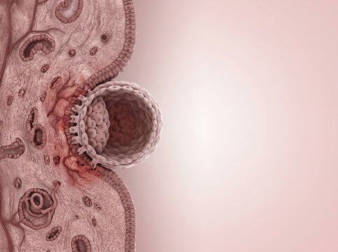 Medical illustration of human embryo implantation into the uterine lining .