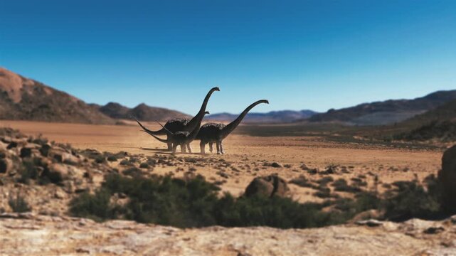 4k 3d animation of a dinosaurus pair stands on a rocky ridge, roaring as they track a distant herd of Brachiosaurus across a vast, sunlit prehistoric valley