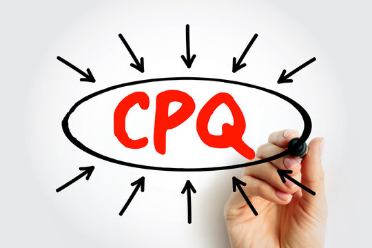 CPQ acronym for Configure, Price, Quote software used in B2B sales to provide accurate pricing with any given product configuration scenario, handwritten text on a whiteboard background