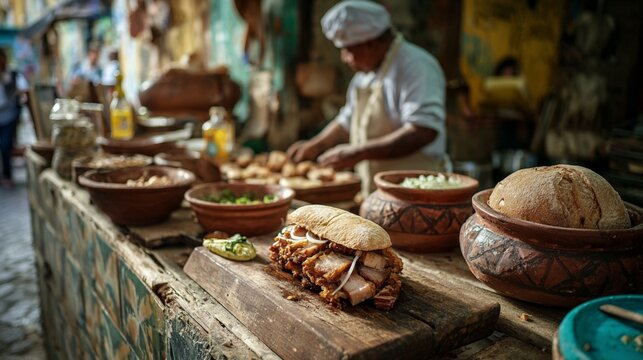 Authentic chicharron sandwich with crispy pork belly and fresh vegetables on rustic street food stall counter