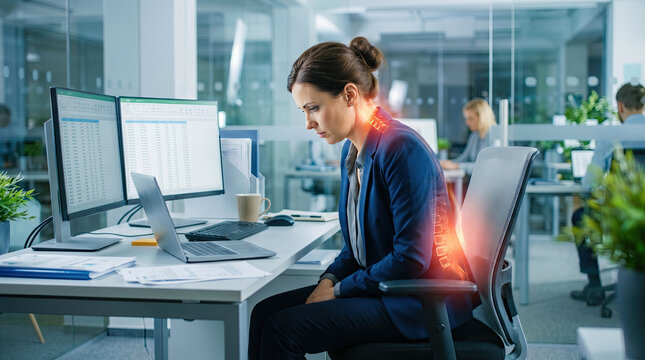 Woman suffering back pain from poor posture while working concept. Businesswoman suffering from back pain at her office desk.