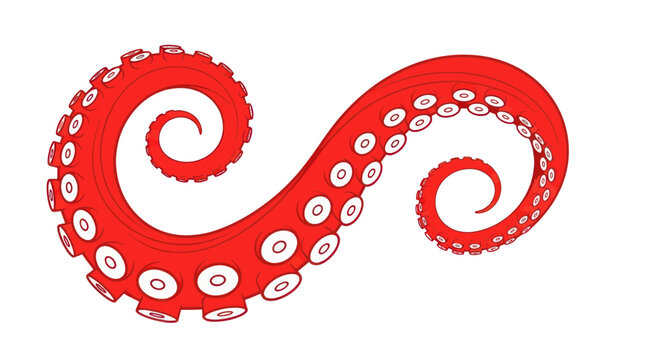 Stylized Red Octopus Tentacle with Suckers, Isolated on White Background