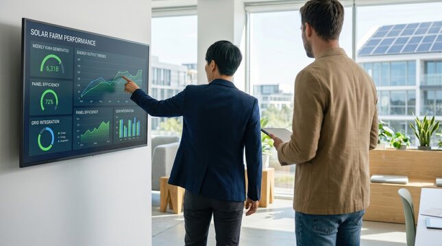 Two business men analyzing solar farm performance data on a large digital screen in a modern office, pointing at energy graphs and efficiency metrics.