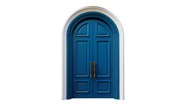 Blue wooden double door with ornate white frame and brass handles