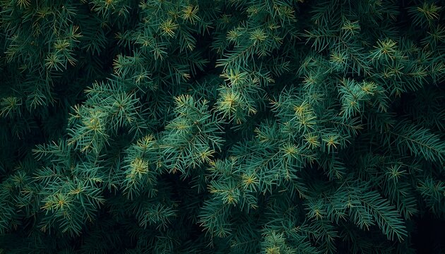Christmas evergreen foliage background with dense pine needles and layered greenery texture in festive holiday seasonal design