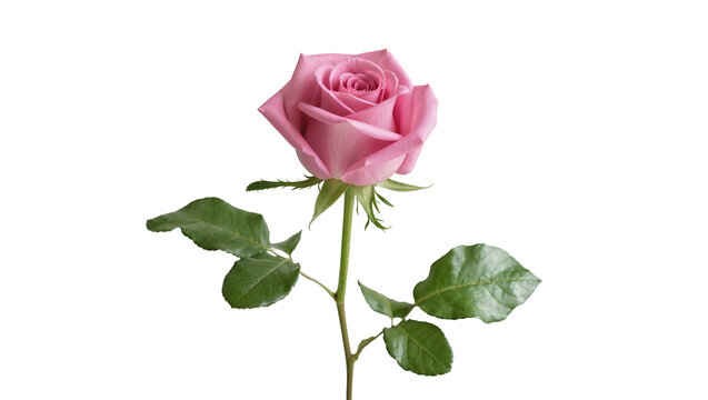 Pink Rose Blossom with Green Stem and Leafy Foliage