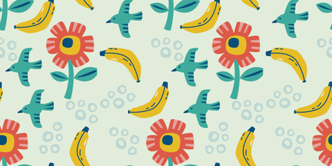 Seamless Whimsical Tropical Pattern with Bananas Flowers and Birds on Mint Background for Kids Summer Fashion and Playful Textile Design © Deepak