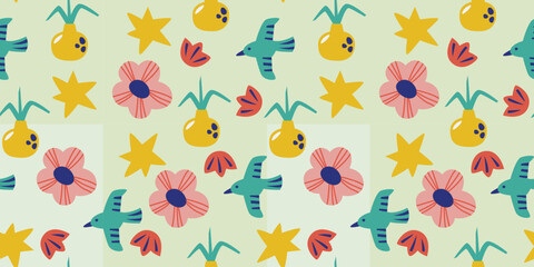 Whimsical Tropical Pattern with Birds Flowers and Pineapples on Light Green Background for Kids Fashion and Summer Textile Design © Deepak