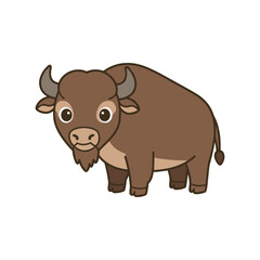 Fototapeta premium Cute brown buffalo cartoon illustration with horns and big eyes in flat vector style, featuring an adorable farm animal character isolated on background