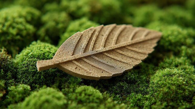 Handcrafted wooden leaf sculpture resting on lush green moss bed in a forest setting representing sustainability, eco-friendly design, and natural textures for environmental concepts