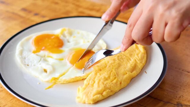 Close up slow motion video of two hands using fork and knife to cut into a fried egg with runny yolk on a plate with an omelet.