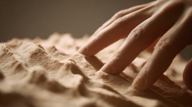 Tactile exploration: human fingers touching sandy surface textures. Minimal sensory abstraction of texture and surface, where density and depth become tangible through haptic perception.