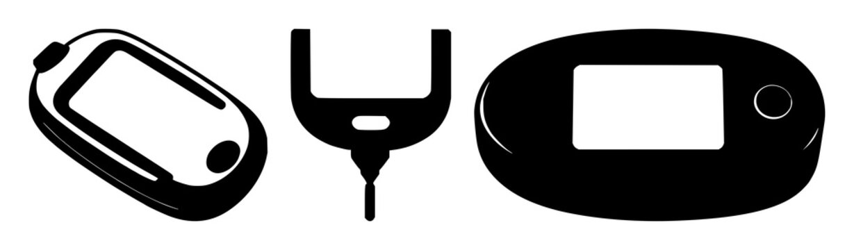 Glucose monitor set with solid black icons on white background featuring diabetes care, medical devices, health monitoring with minimalist design and vector illustration