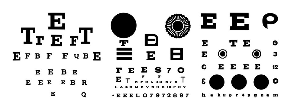 Eye exam chart icon set with bold black shape on white background featuring ophthalmology, vision, diagnostic icons with medical and charting