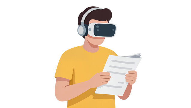 Young man wearing VR headset holding white paper document