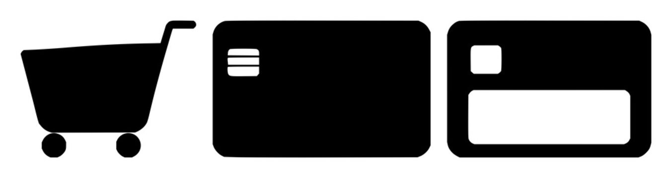 Checkout credit card icon set with simple black line shape on white background featuring credit card, checkout, icon with minimal line and silhouette