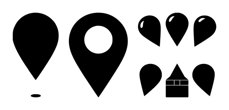 Package tracking location pin set with solid black icon on white background featuring delivery, navigation, map with black and white and white background
