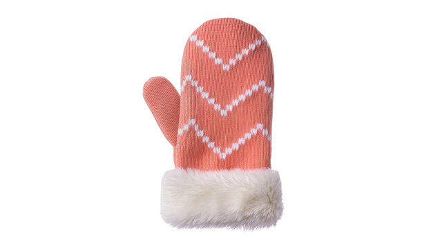 Coral knitted mitten with chevron pattern and fluffy white cuff