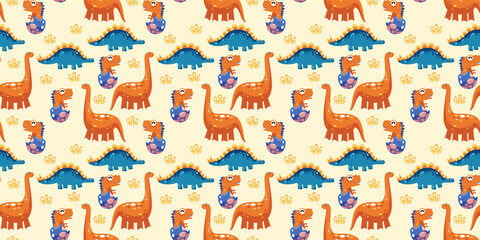 Playful Prehistoric Adventure Pattern with Orange Brachiosaurus and Blue Stegosaurus for Kids Nursery and Baby Textile Design © Deepak